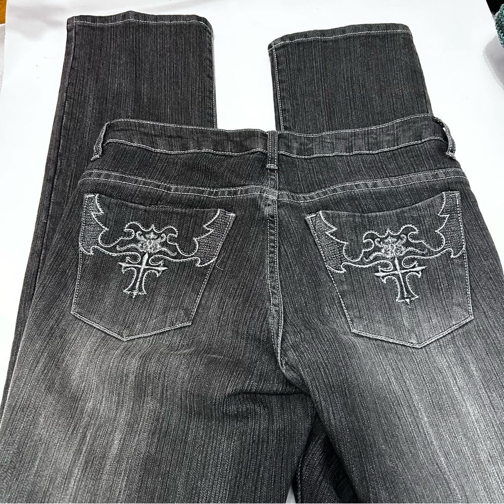 Boom Boom Black Gray Wash Metallic Silver Goth Cross Embroidered Jeans
